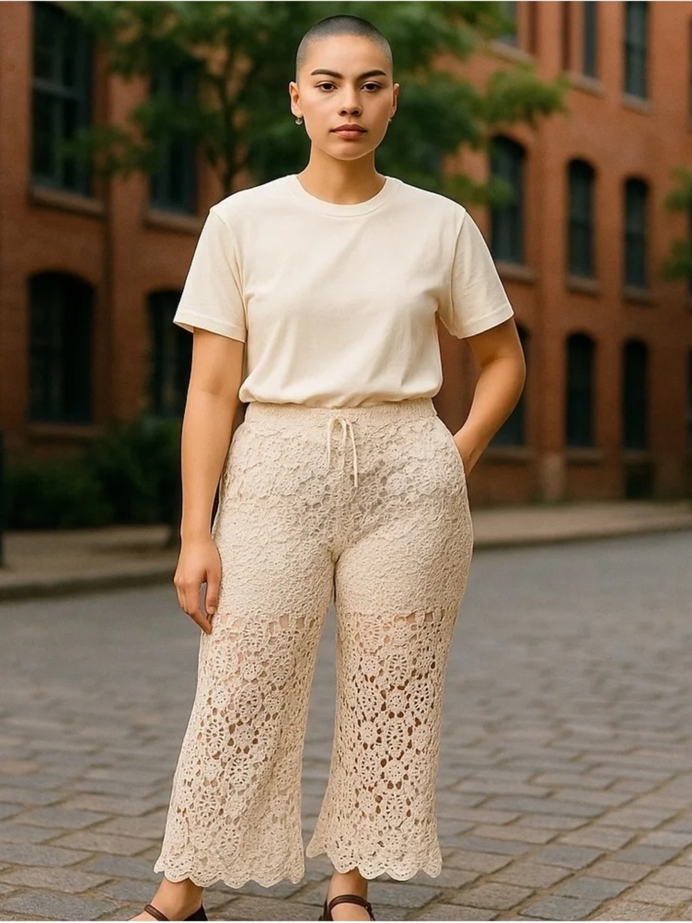 Solitaire Cream Crochet Ankle-Length Wide-Leg Pants
